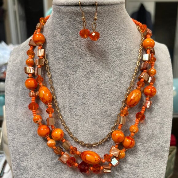 Three Layers Multi Orange Lucite Bead Gold Tone Link Necklace Earring Set - Picture 1 of 2